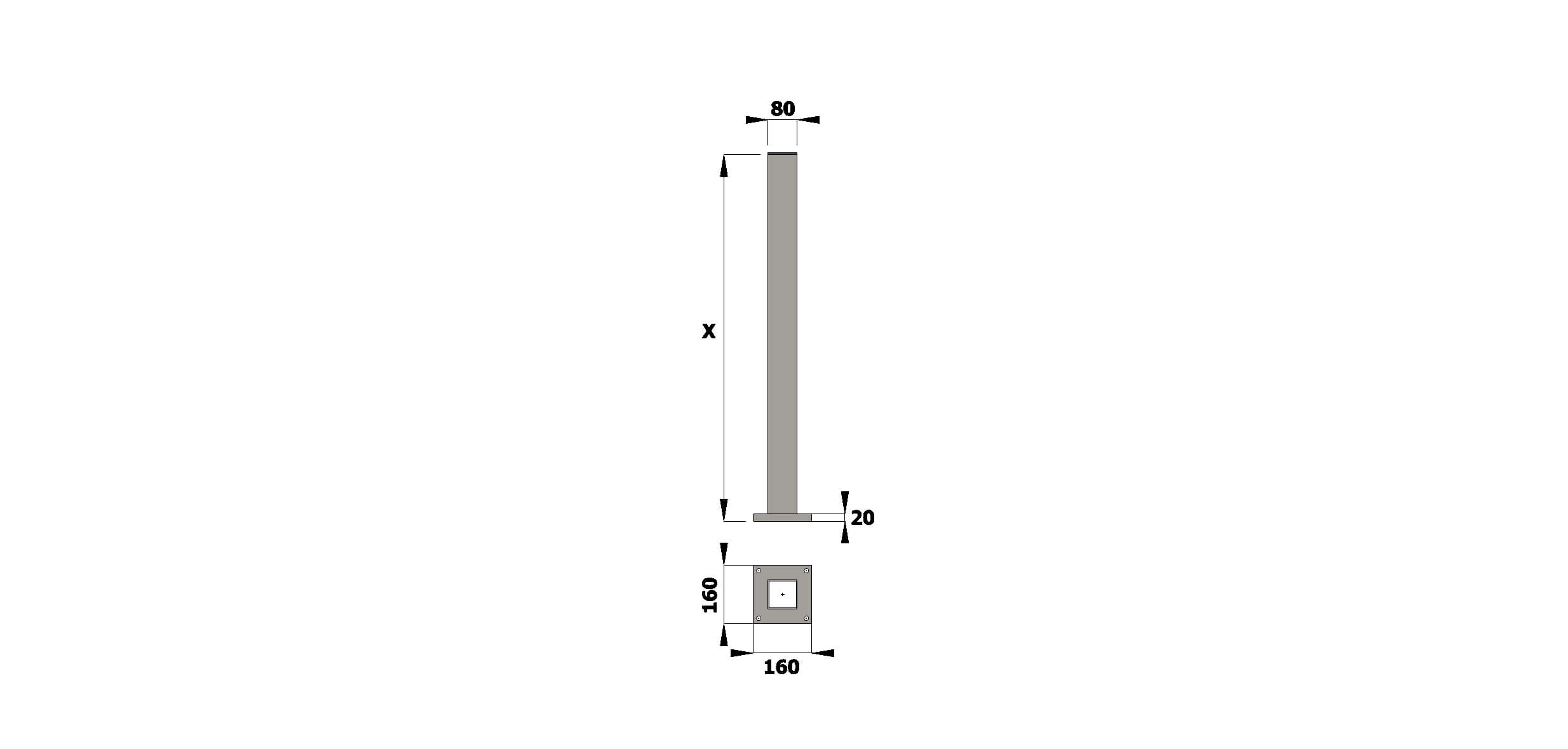 Stĺp 80x80x3 s čiapkou a platňou 1150mm RAL7016